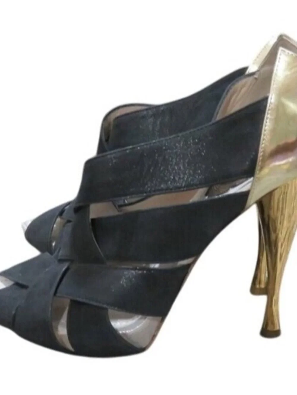 Rene Caovilla  Stunning Black Gold Shimmer Italian Leather luxury peep toe heels